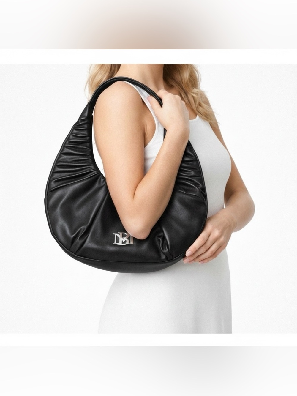 BADGLEY MISCHKA Black Ruched Crescent Hobo Bag Y2K Slouchy Shoulder Bag